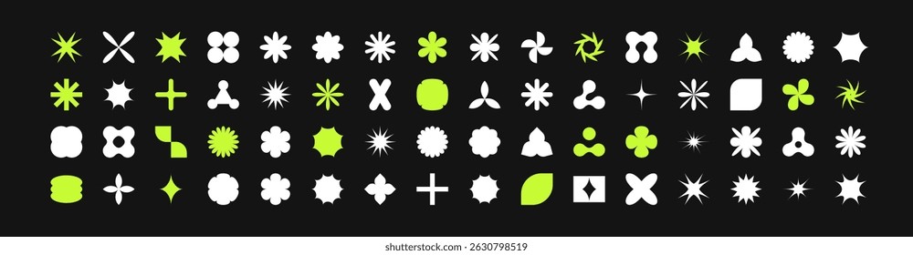 Postmodern geometric abstract shapes, Retro design symbols in Y2K. Brutalist vector shapes, trendy retro design symbols in Y2K style. Geometric shapes set.