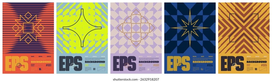 Postmodern geometric compositions with abstract ornament in brutalism aesthetics, colorful vector trendy simple modernism mosaic pattern, Modern art poster in Y2K style, A4 rave print artwork