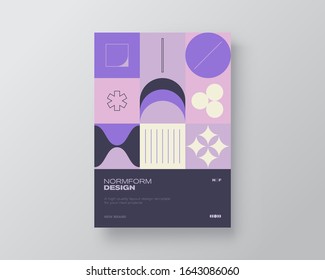 Postmodern graphic design of A4 size vector cover mockup created in modernism and minimalistic brutalism style, useful for poster art, magazine front page, decorative print, web banner artwork.
