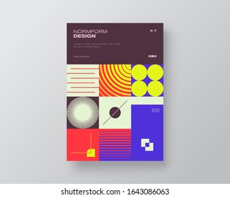 Postmodern graphic design of A4 size vector cover mockup created in modernism and minimalistic brutalism style, useful for poster art, magazine front page, decorative print, web banner artwork.