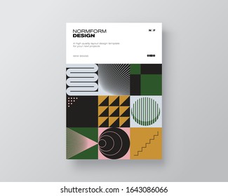 Postmodern graphic design of A4 size vector cover mockup created in modernism and minimalistic brutalism style, useful for poster art, magazine front page, decorative print, web banner artwork.