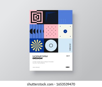 Postmodern graphic design of A4 size vector cover mockup created in modernism and minimalistic brutalism style, useful for poster art, magazine front page, decorative print, web banner artwork.