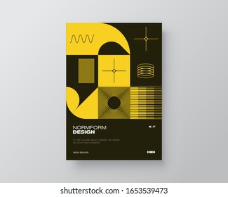 Postmodern graphic design of A4 size vector cover mockup created in modernism and minimalistic brutalism style, useful for poster art, magazine front page, decorative print, web banner artwork.