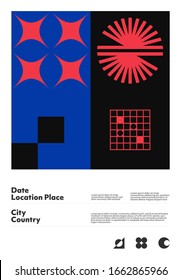 Postmodern graphic design of A4 size vector cover mockup created in modernism and minimalistic brutalism style, useful for poster art, magazine front page, decorative print, web banner artwork.