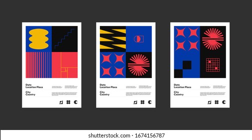 Postmodern graphic design of A4 size vector cover mockup created in modernism and minimalistic brutalism style, useful for poster art, magazine front page, decorative print, web banner artwork.