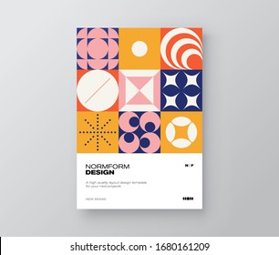 Postmodern graphic design of A4 size vector cover mockup created in modernism and minimalistic brutalism style, useful for poster art, magazine front page, decorative print, web banner artwork.