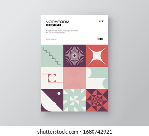 Postmodern graphic design of A4 size vector cover mockup created in modernism and minimalistic brutalism style, useful for poster art, magazine front page, decorative print, web banner artwork.