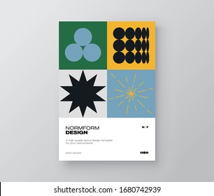 Postmodern graphic design of A4 size vector cover mockup created in modernism and minimalistic brutalism style, useful for poster art, magazine front page, decorative print, web banner artwork.