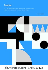 Postmodern graphic design of A4 size vector cover mockup created in modernism and minimalistic brutalism style, useful for poster art, magazine front page, decorative print, web banner artwork.