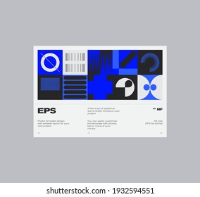 Postmodern graphic design of A4 size vector cover mockup created in modernism and minimalistic brutalism style, useful for poster art, magazine front page, decorative print, web banner artwork.
