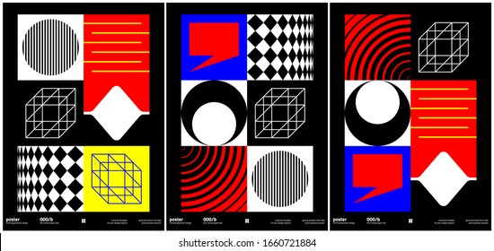 Postmodern graphic design of B0 size vector cover mockup set created in modernism and minimalistic brutalism style, useful for poster art, magazine front page, print, web banner artwork.