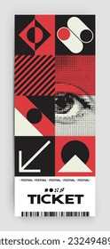 Postmodern illustrations with bold geometric shapes and abstract symbols. Ticket vector template has a simple layout for creating invitations, banners, posters, flyers, prints, labels, and tickets.