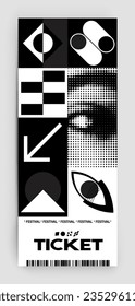 Postmodern illustrations with bold geometric shapes and abstract symbols. Ticket vector template has a simple layout for creating invitations, banners, posters, flyers, prints, labels, and tickets.