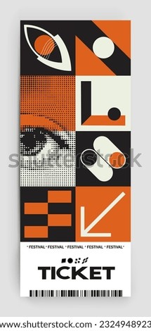 Postmodern illustrations with bold geometric shapes and abstract symbols. Ticket vector template has a simple layout for creating invitations, banners, posters, flyers, prints, labels, and tickets.