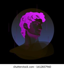 Postmodern sculpture bust of David in retrofuturistic vaporwave style and composition with glitched lines in bright neon colors.