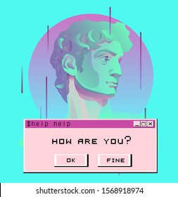 Postmodern sculpture bust of David in Vaporwave retro futuristic style. Surreal composition with digital and glitched elements of computer interface in bright neon colors.