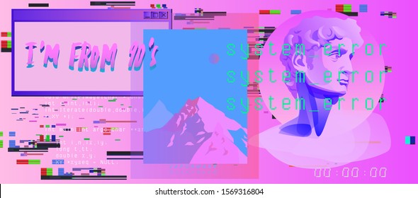 Postmodern sculpture bust of David in Vaporwave retrofuturistic style. Surreal composition with digital and glitched elements of computer interface in bright neon colors.