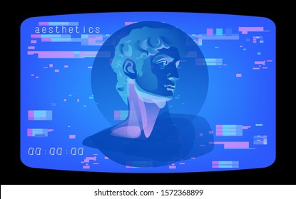 Postmodern sculpture bust of David in Vaporwave retrofuturistic style. Surreal composition with digital and glitched elements of computer interface in bright neon colors.