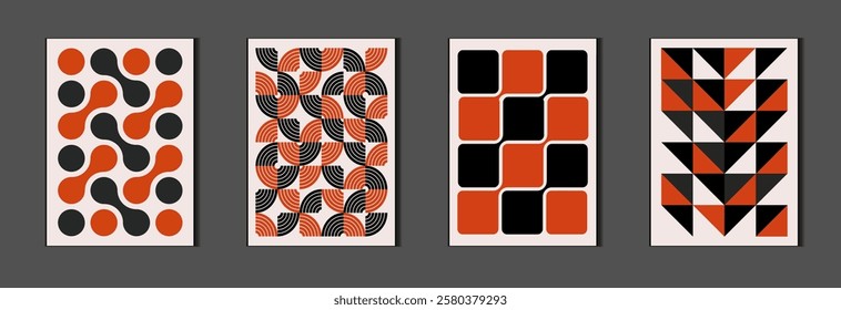 Postmodern set of black and red geometric vector pattern minimal posters with 20s geometric design. Trendy retro pattern background for cover design, poster and interior