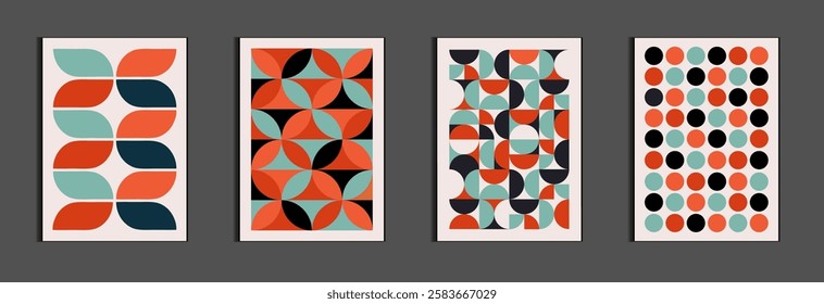 Postmodern set of black and red geometric vector pattern minimal posters with 20s geometric design. Trendy retro pattern background for cover design, poster and interior