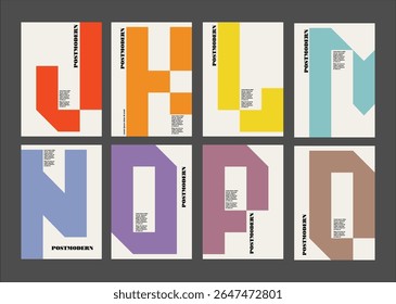 Postmodern set of posters. covers created from creative capital letters in trendy colors. Use for decoration, branding, promotion. logos .Template poster, banner, magazine mockup