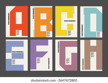 Postmodern set of posters. covers created from creative capital letters in trendy colors. Use for decoration, branding, promotion. logos .Template poster, banner, magazine mockup