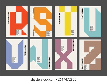 Postmodern set of posters. covers created from creative capital letters in trendy colors. Use for decoration, branding, promotion. logos .Template poster, banner, magazine mockup