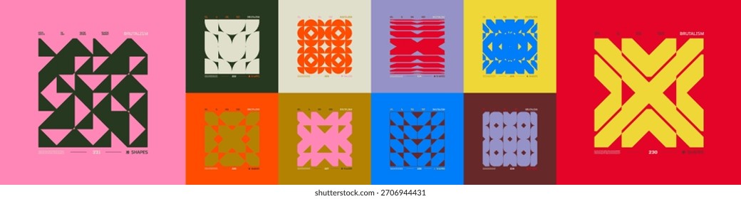 Composiciones geométricas de tecnología posmoderna en estilo cyberpunk, activos futuristas brutal diseño de mosaico moderno audaz con Formas de brutalismo abstracto, adorno modernista de Vector, Kit 23