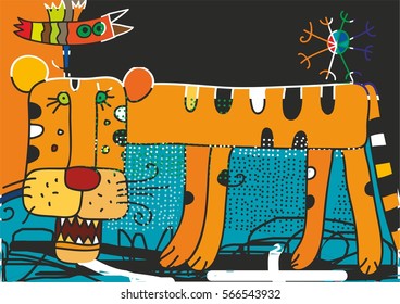 Postmodern. Tiger and singing bird. Style graphics with bright local colors.