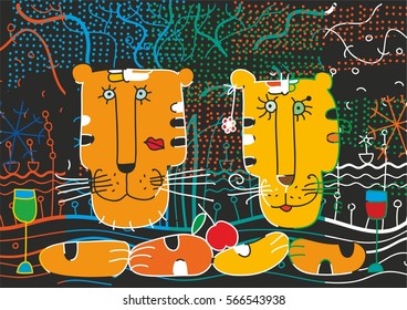 Postmodern. Two tigers at the table/ Style graphics with bright local colors.
