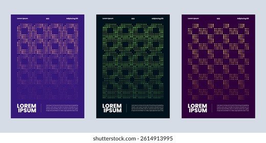 Postmodern vector with geometric pixel disintegration background,  set of posters symbols mosaic textures with abstract square particles for media digital, disintegration for figures dispersed dotted