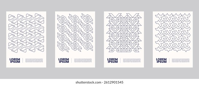 Postmodern vector illustrations with geometric line art shapes pattern background and set of abstract posters, navy blue color flyers for aesthetics style concept designs, backgrounds texture design