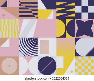Post-modernism artwork pattern made with abstract vector geometric shapes and forms. Simple form bold graphic design, useful for web art, invitation cards, posters, prints, textile, backgrounds.