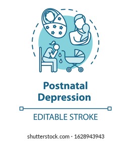 Postnatal depression concept icon. Postpartum depression. PPD. Stressed young mother. Mood disorder idea thin line illustration. Vector isolated outline RGB color drawing. Editable stroke