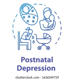 Postnatal depression concept icon. Postpartum depression. PPD. Stressed young mother. Mood disorder idea thin line illustration. Vector isolated outline RGB color drawing