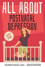 Postnatal Depression flat vector concept. Tired Unhappy Mom stand before baby crib with infant in it and look depressed and exhausted. Postpartum Depression poster.