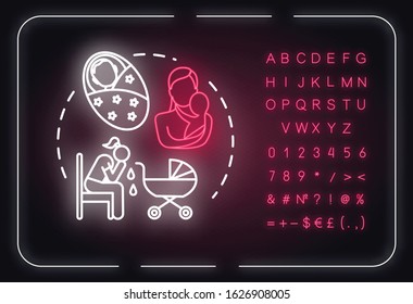 Postnatal depression neon light concept icon. Postpartum depression. PPD idea thin line illustrationidea. Outer glowing sign with alphabet, numbers and symbols. Vector isolated RGB color illustration