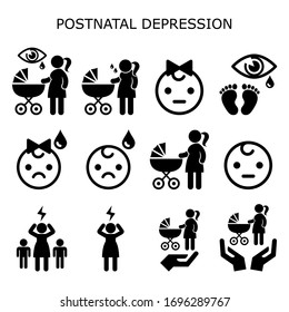 Postnatal Depression, Postpartum Depression Vector Icon Set - New Mothers Mental Health Concept, Women With Newborn Baby Experiencing Baby Blues
