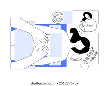 Postnatal massage isolated cartoon vector illustrations. Specialist makes a post natal belly massage, post-pregnancy recovery, professional service, wellness procedures vector cartoon.