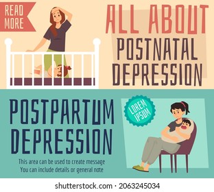 Postnatal or postpartum depression problem of women after birth giving, flat vector illustration. Set banners or posters on topic of postpartum mental health.