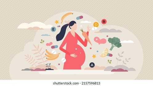 Postnatal vitamins intake with healthy nutrient and pills tiny person concept. Multivitamin food eating for balanced calcium, iodine, zinc and biotin level vector illustration. Pregnant female diet.