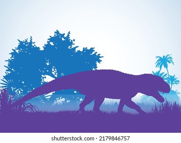 Postosuchus Dinosaurs silhouettes in prehistoric environment overlapping layers; decorative background banner abstract vector illustration