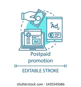 Postpaid promotion blue concept icon. PPC channel idea thin line illustration. Digital marketing. Product sales. Target audience advertising. Brand PR. Vector isolated outline drawing. Editable stroke