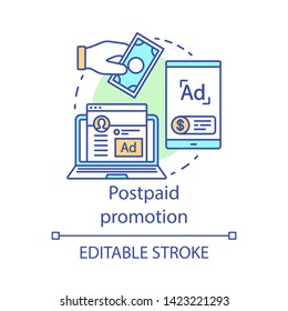 Postpaid promotion concept icon. PPC channel idea thin line illustration. Digital marketing strategy. Product sales. Target audience advertising. Vector isolated outline drawing. Editable stroke