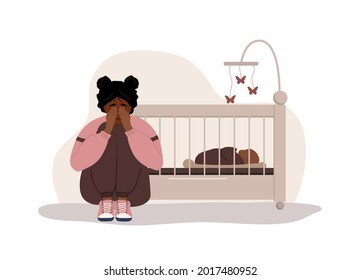 Postpartum depression. African tired woman sitting on the floor, crying and hugging her knees. Young mother needs psychological help. Mood disorder. Vector illustration in flat cartoon style.