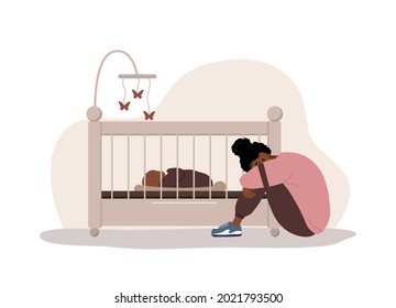 Depresión posparto. Mujer africana cansada sentada en el suelo, llorando y abrazándose las rodillas. La madre joven necesita ayuda psicológica. Trastorno de la sangre. Ilustración vectorial al estilo de las caricaturas planas.