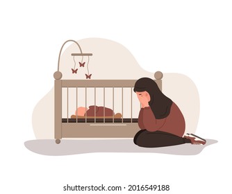 Postpartum depression. Arab tired woman is sitting on the floor near the cradle with a newborn baby. Young mother needs psychological help. Mood disorder. Vector illustration in flat cartoon style.