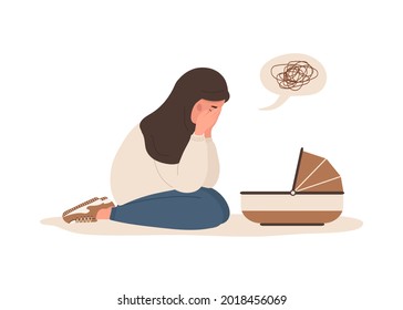 Postpartum depression. Arab tired woman leaning over newborn baby and covering face with hand. Young mother needs psychological help. Mood disorder. Vector illustration in flat cartoon style.