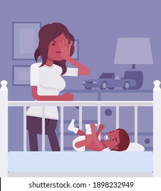 Postpartum Depression, Black Mum Feeling Sad, Fatigued, Baby Blues Symptoms. Young Tired Mother Having Mood Swings Standing At Baby Crib Of Not Sleeping Kid. Vector Flat Style Cartoon Illustration