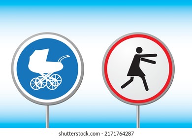 Postpartum depression, childfree, orphan - woman escapes from the baby carriage. Road signs.